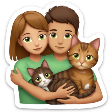 Crea un emoji donde salga un chico moreno con los ojos claros, una chica morena con los ojos marrones y un gato europeo comun de pelaje oscuro y ojos verde claro, quiero que se esten abrazando y el gato este en el medio de los dos sticker
