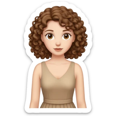 white woman with curly brown hair wearing a beige dress sticker