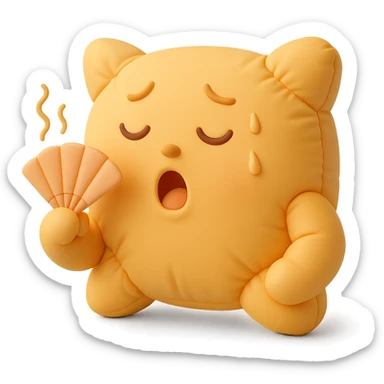 plush cushion face fanning itself, hot weather, stylized and cute, cushion style sticker
