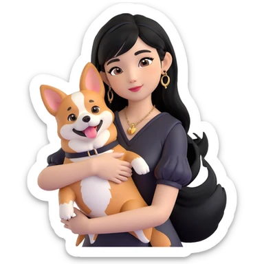 expressive emoji of an Asian girl with long black hair with wispy deep side-parted bangs, false lashes, a 3/4th sleeve tattoo on her left arm, wearing a black sleeveless leather dress with gold earrings, hugging a cool tri-color Corgi, simple emoji-like, 3D emoji style sticker