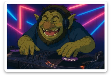 troll DJ spinning phonk records, neon-lit background, playful expression, ghibli style sticker