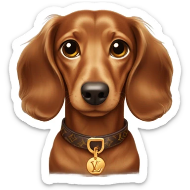 Brown long haired dachs with Brown nose and light Brown eyes with Louis Vuitton collar sticker