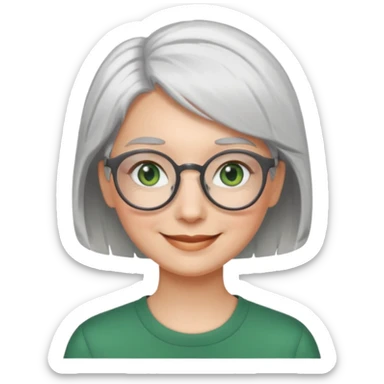 visage femme a lunettes ronde avec cheveux courts gris-blancs aux yeux verts qui souris sticker