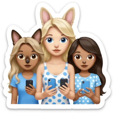 Three women in summer clothes holding iPhones, hazel eyed light skin with dark blonde long hair and Brown eyed,light skin,black long wavy hair, blue eyed light skin long blonde hair with 2 dogs, blue spotted Merle Frenchie and black and tan chihuahua  sticker