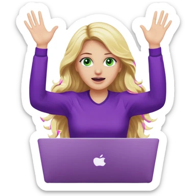 lady with long wavy blonde hair, purple top, green eyes, throwing her with a purple mac laptop hands in the air crying sticker