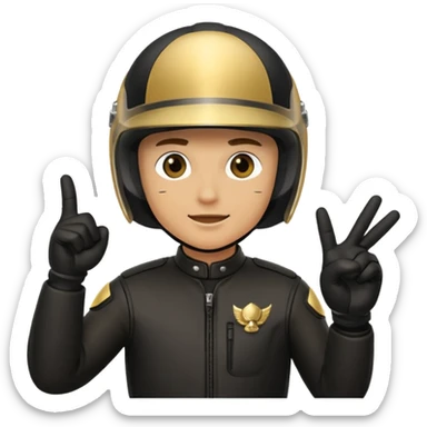 A motorcyclist in a black helmet with a golden visor flipping the bird sticker