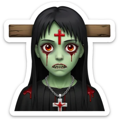 zumbi verde com olhos vermelhos sangrando e franja roupa preta e um crucifixo como colar sticker