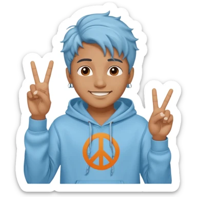 An indian boy in a light blue hoodie with wavy flow hairstyle showing peace sign sticker