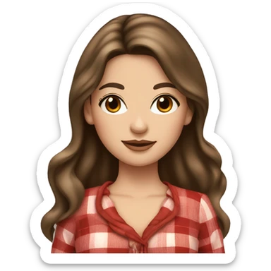 Pretty peach skin brunette woman with long hair and rosy cheeks in red plaid babydoll dress sticker