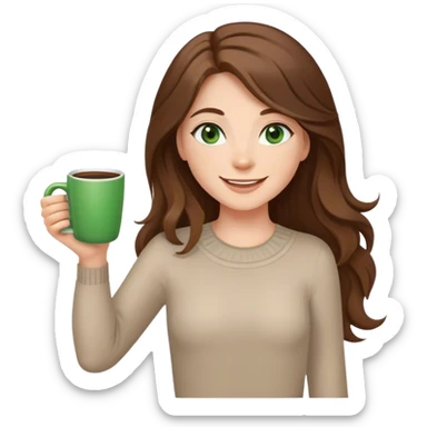 Long, Brown haired girl with middle hair part, with green eyes, smiling, waving with one hand, coffee mug in the other sticker