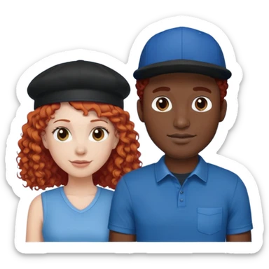 a couple a white woman with red curly hair and a black man in a blue shirt and black cap sticker