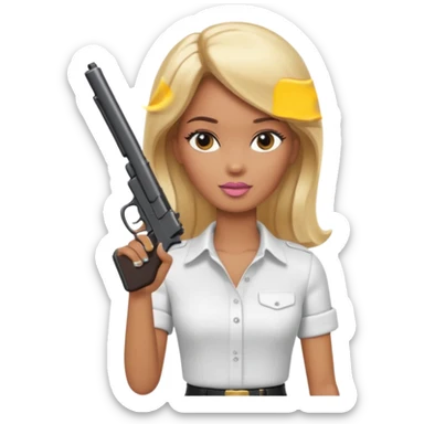 Brown skin blonde hair barbie wearing white shirt holding a black gun sticker