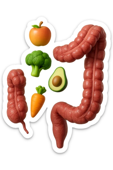 emoji stile iphone in 3d di cibo sano che fluttua in aria vericalmente insieme a pezzi di colon umano anatomico, iperrealistico 4k sticker