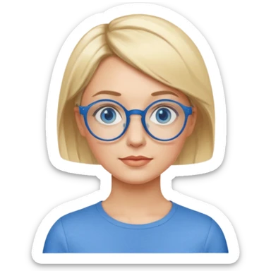 femme 40 ans cheveux courts garçon blond ave raie sur le coté, yeux bleu et lunettes rondes bleues sticker