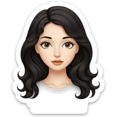 persona mujer con piel clara y ondas color negro y largos  y sin volumen y con delineador en los ojos y con los labios medianos, ojos almendrados y nariz respringada y el fondo blanco  sticker