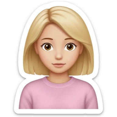 Crea una chica güerita con pelo café claro y raíces güeras, ojos rasgados cafés oscuros, suéter o camisa rosa claro sticker