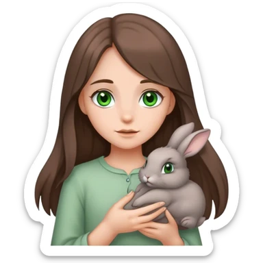 A grey, floppy eared bunny being held by a girl with long brown hair and green eyes. sticker