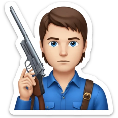 guy w medium long brown hair and blue eyes with gun pointed up at his chin sticker