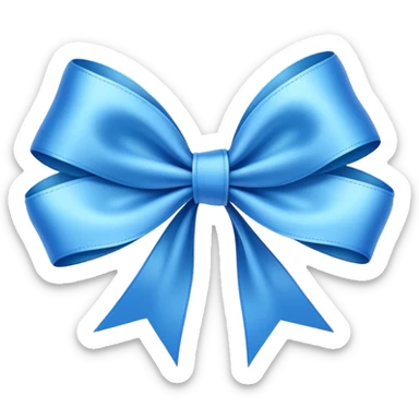 A beautifully tied blue ribbon bow, highly detailed, with a silky and elegant texture, set against a clean, minimalistic background. The ribbon has a soft shine, reflecting light gently, giving it a luxurious and realistic appearance. The bow is symmetrical and well-crafted, with smooth curves and flowing tails sticker