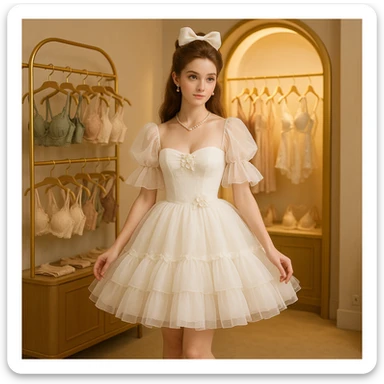 A princess-like woman with sweet features, long hair, high forehead, princess updo with bow, half-draped, wearing a white suspender puffy tulle Lolita dress, puff sleeves, tube top, layered tulle skirt, floral accents, pearl necklace and earrings, white lace-up high heels, in a boutique with exquisite lingerie, golden arch decor, soft lighting, 8k, high definition, full body, long shot, 1:1 ratio, alternate angle. sticker