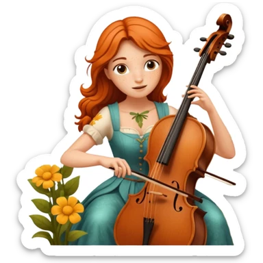 nature bard woman with freckles playing wooden cello among flowers sticker