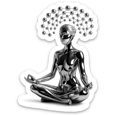 reflective chrome silhouette of a woman in the lotus position, meditating, with a pattern of floating metallic spheres above, arranged like a net sticker