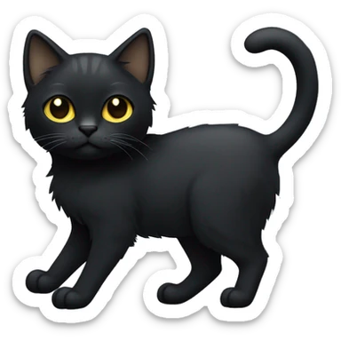 Full-body of a petite, solid black-furred cat with light yellow eyes, short fur, and small pointed ear tufts that blend into the black fur on the tips of its ears sticker