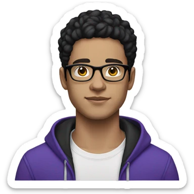 23 year old man white skin, glasses black hair, violet hoodie sticker