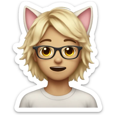 a cute boy with femboy cat ears with glasses crying and drooling sticker