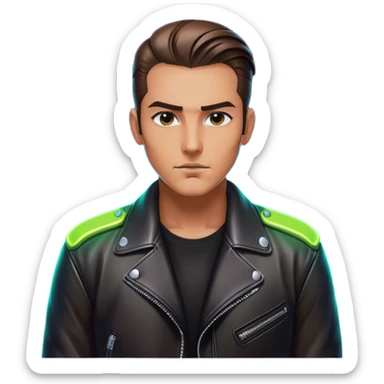 A lone biker with slicked-back hair, wearing a leather jacket, his face partially lit by neon lights sticker