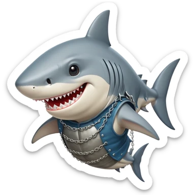 Anthropomorphic shark without head fins, wearing a gambeson and chainmail coif with messy black hair smiling sticker