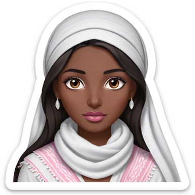 A woman with long, dark hair wears white keffiyeh, giving her a graceful and cultural look. Her makeup is well-done, with defined eyebrows and soft pink lips, enhancing her striking features. The dim lighting and blurred background create a warm, intimate atmosphere. sticker