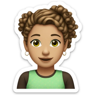 girl with curly brown hair, topknot with loose hair, green eyes, light skin, hoop earrings, smiling sticker