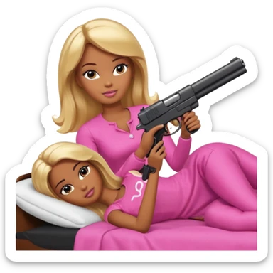 Brown skin blonde hair barbie laying in bed holding a black gun sticker
