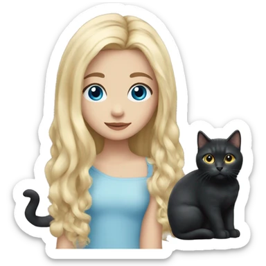 Blondir girl with blue eyes and middle long hair and she has in hand little black kitty with long cat hair  sticker