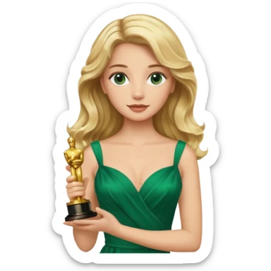 blonde model, brown eyes, long wavy hair, oscars red carpet, emerald green, holding oscar sticker
