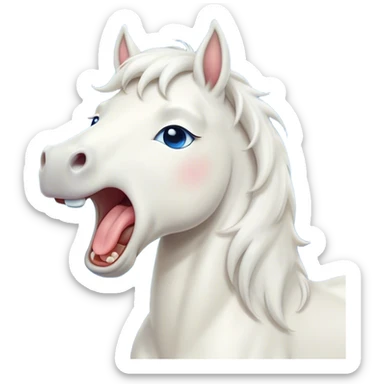 Cinematic Cute Yawning White Horse Portrait Emoji, Head tilted slightly with a dramatic, wide-open yawn, revealing a soft white fur with a subtle shimmer, floppy ears slightly drooping, round blue eyes barely open in drowsy contentment, Simplified yet irresistibly adorable features, highly detailed, glowing with a soft, cozy glow, high shine, relaxed yet expressive, stylized with a touch of whimsy, bright and endearing, soft glowing outline, capturing the essence of a sleepy yet affectionate horse, so drowsy it feels like it could stretch out of the screen and curl up for a nap! sticker