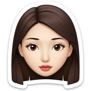 Una chica con piel muy clarita con pleo liso largo de color castaño y unos ojos marrones oscuro y labios grandes y nariz bonita y con unas pestañas que parezca asiatica sticker