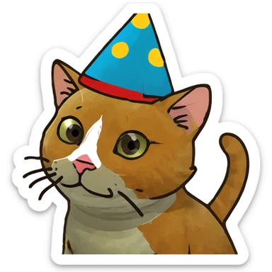 ginger tabby kitten celebrating birthday, wearing a birthday hat, with birthday cake, balloons, happy expression, and gifts sticker
