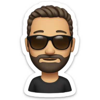 Short brown hair slicked back, brown sunglasses, black beard, black t-shirt. sticker