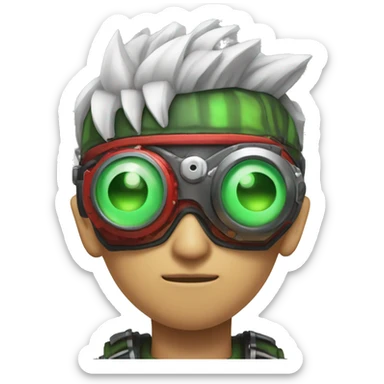 Asian Male cyborg with thin red Mohawk and green steampunk goggles sticker
