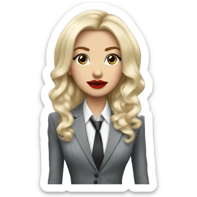 Russian Blonde long hair with big red lips small nose and black eyes Tiffany diamond seller in a grey suit sticker