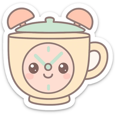 kawaii style clock with a tea cup as the face, cute face, pastel colors sticker
