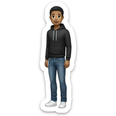 white gay man with black short hair, with jeans and a hoddie sticker