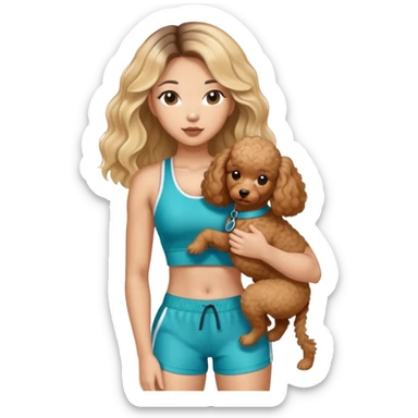a asian lady with long balayage hair with blonde highlight, holding a brown poodle, wearing gym outfit sticker