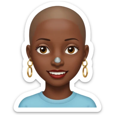 Make a emoji of a person with dark skin and has a nose ring that goes between her two nostrils and has a bunch of small earrings and who has a gap between her two front teeth and with no hair sticker