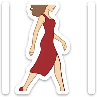 Create an image of the same girl from the reference images with the same appearance, hairstyle, red dress, and shoes in the exact pose as the sketch: left arm down, right arm bent, left leg supporting, right leg bent backward. Keep the style and color consistent with the references. The background should be transparent. The entire figure should be fully in frame without any body parts cropped. sticker