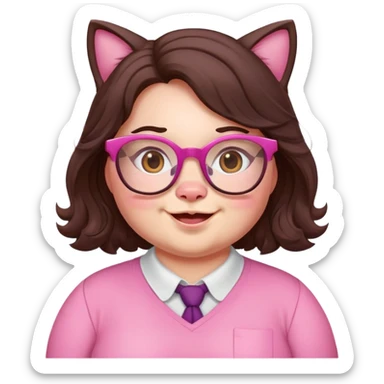 chubby English teacher face, pink cat glasses, wavy long dark brown hair, happy expression sticker