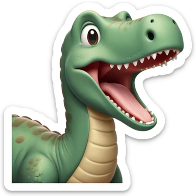 Cinematic Cute Yawning Brontosaurus Portrait Emoji, Head tilted slightly with a dramatic, wide-open yawn, showcasing its monumental, elongated neck and a massive, textured body with sleepy, half-closed eyes and a relaxed, open mouth, Simplified yet irresistibly cute features, highly detailed, glowing with a soft, cozy ancient glow, high shine, relaxed yet expressive, stylized with a dash of whimsical prehistoric ease, soft glowing outline, capturing the essence of a drowsy yet affectionate Brontosaurus that appears ready to stretch and yawn its way out of the screen! sticker