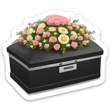 Create an emoji-style scene featuring a Roomba at a somber funeral. The Roomba should have a small black bow tie or veil, and it’s positioned in a tiny casket with flowers sticker
